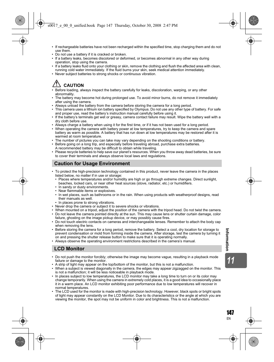 Caution for usage environment lcd monitor | Olympus E-30 User Manual | Page 147 / 156
