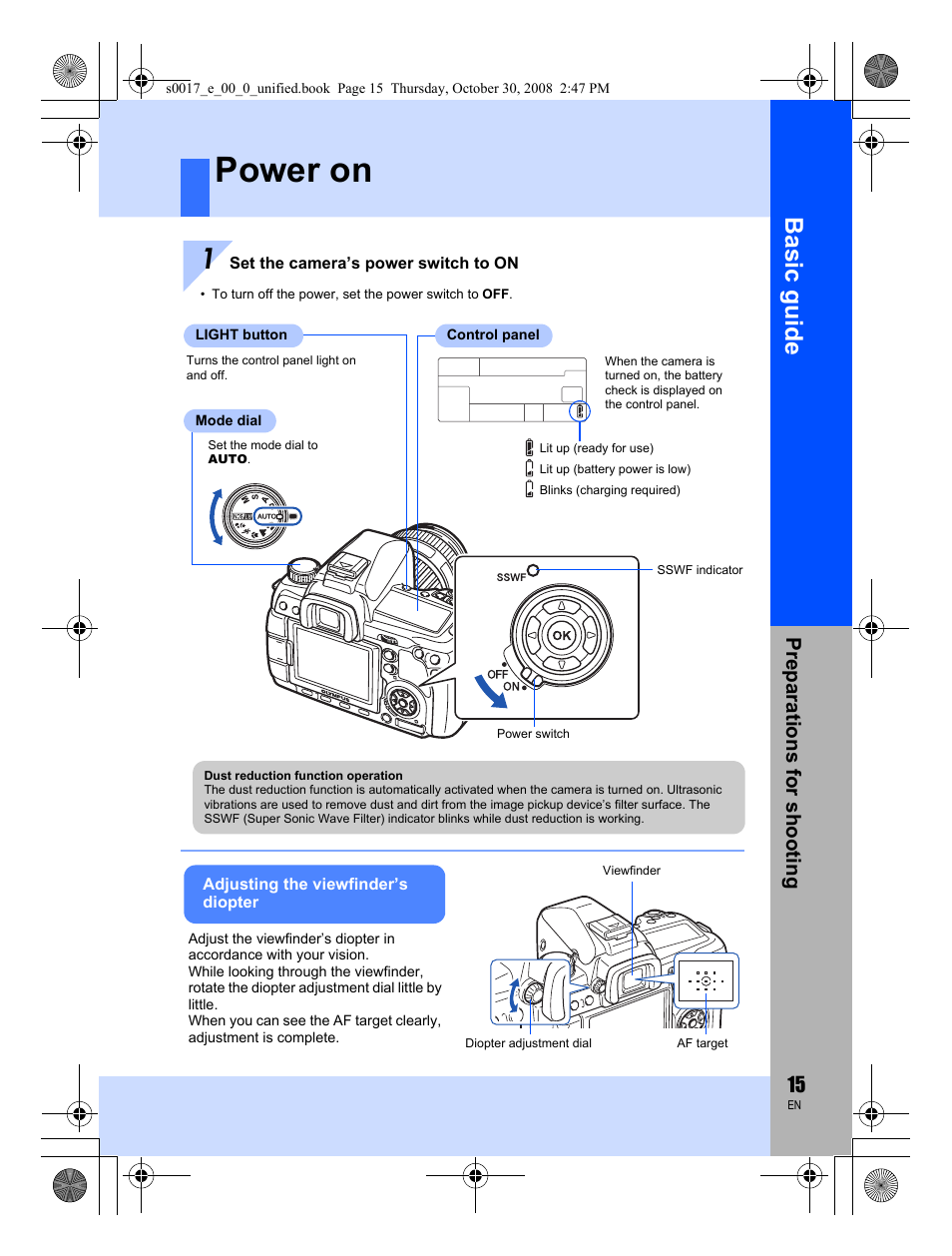 Power on, Basic guide, Preparat ions for shooting | Olympus E-30 User Manual | Page 15 / 156