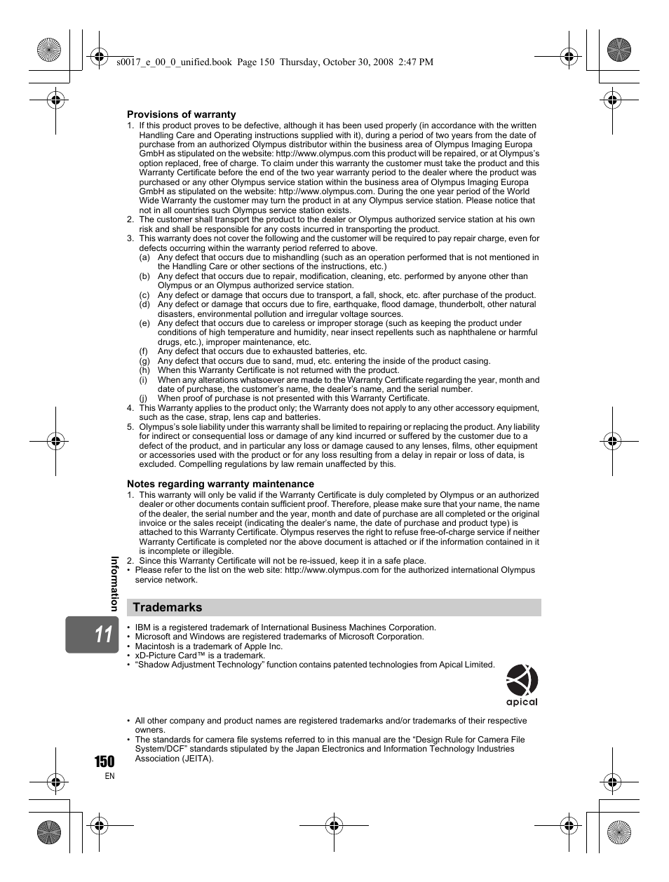 Trademarks | Olympus E-30 User Manual | Page 150 / 156