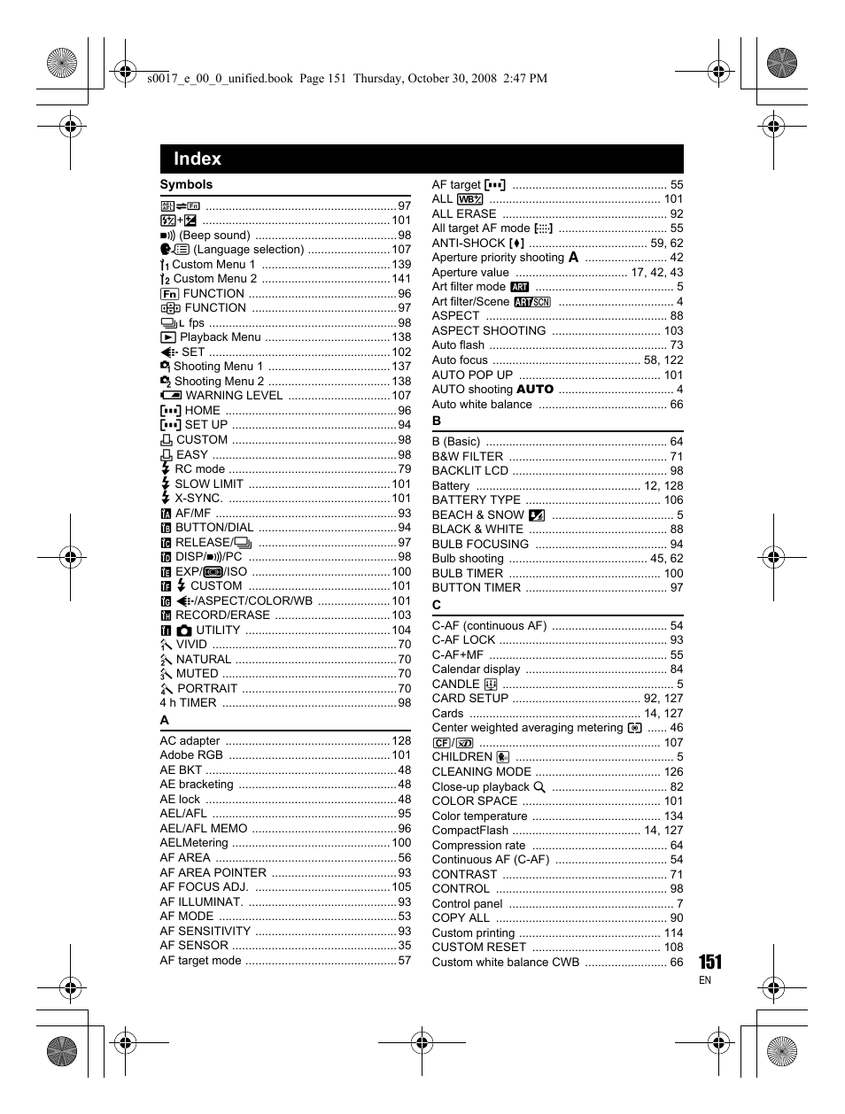 Index | Olympus E-30 User Manual | Page 151 / 156