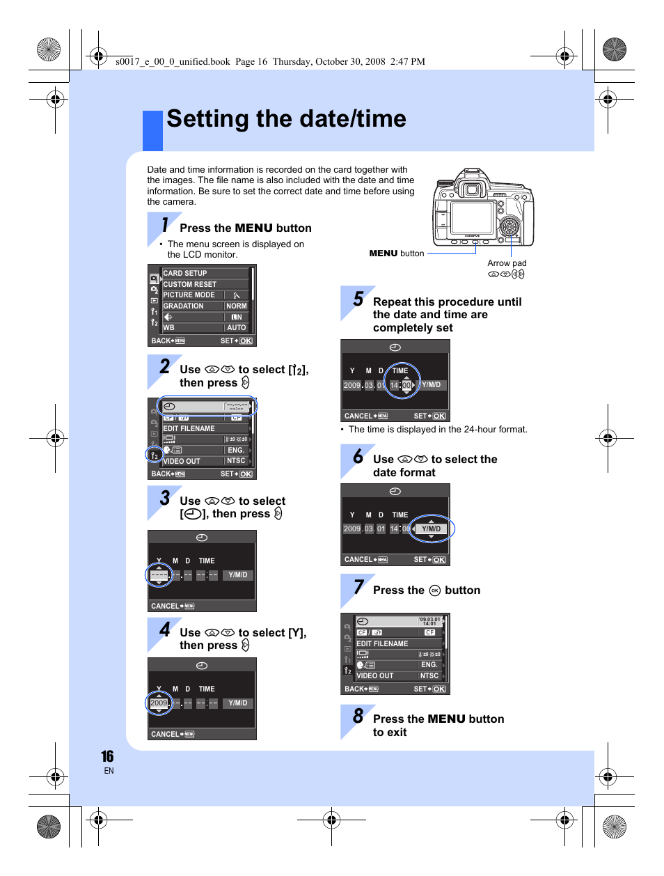Setting the date/time | Olympus E-30 User Manual | Page 16 / 156