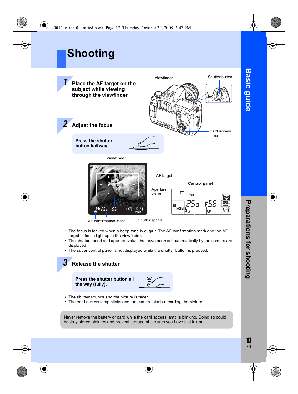 Shooting, Basic guide, Preparat ions for shooting | Olympus E-30 User Manual | Page 17 / 156
