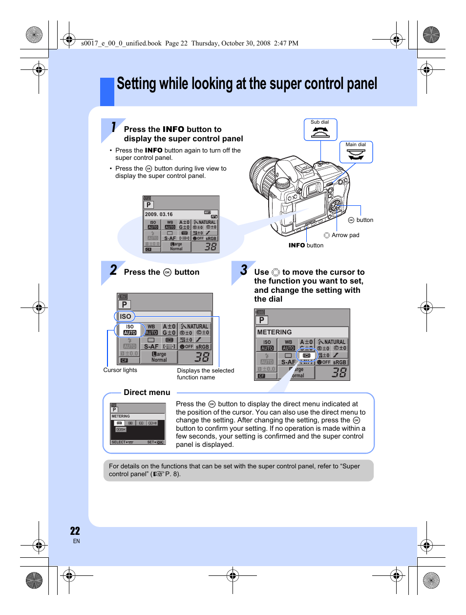 Setting while looking at the super control panel | Olympus E-30 User Manual | Page 22 / 156
