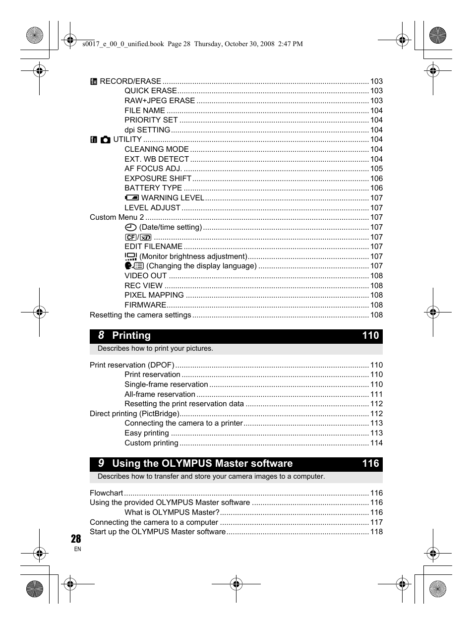 Printing 110, Using the olympus master software 116 | Olympus E-30 User Manual | Page 28 / 156