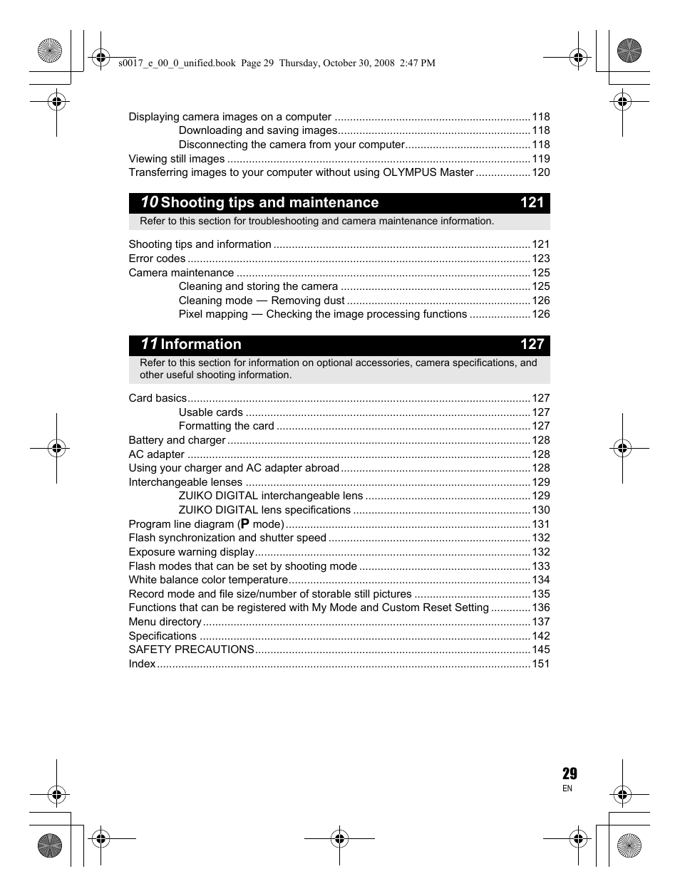 Shooting tips and maintenance 121, Information 127 | Olympus E-30 User Manual | Page 29 / 156