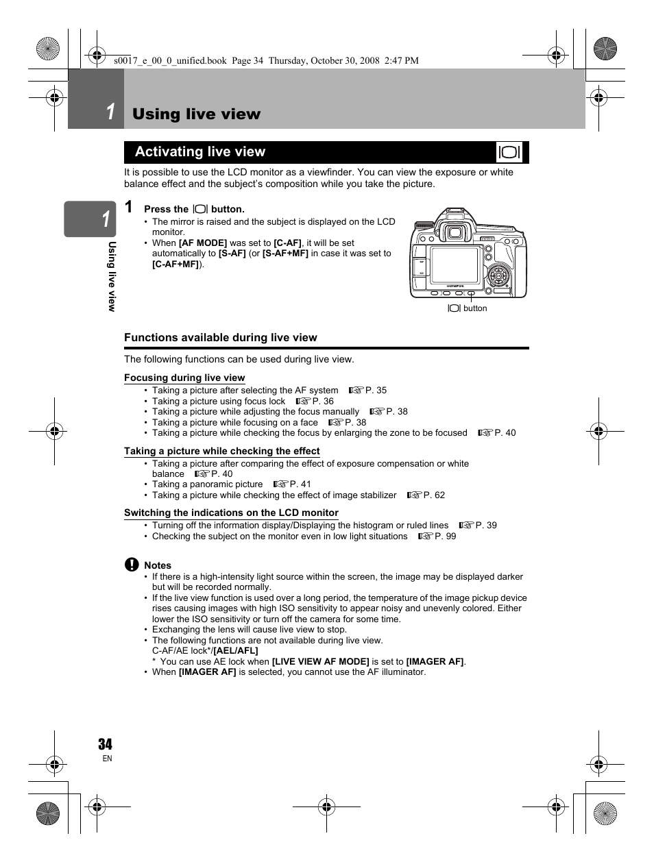 1 using live view, Activating live view, Functions available during live view | Using live view | Olympus E-30 User Manual | Page 34 / 156