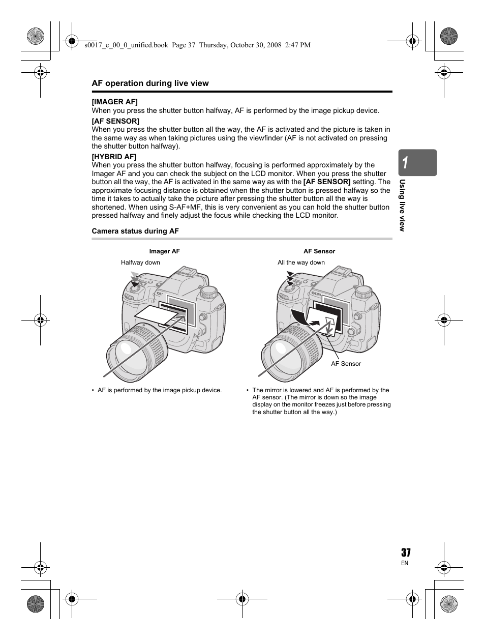Af operation during live view | Olympus E-30 User Manual | Page 37 / 156