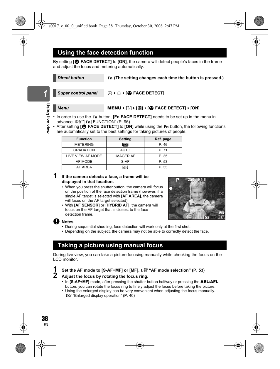 Using the face detection function, Taking a picture using manual focus | Olympus E-30 User Manual | Page 38 / 156