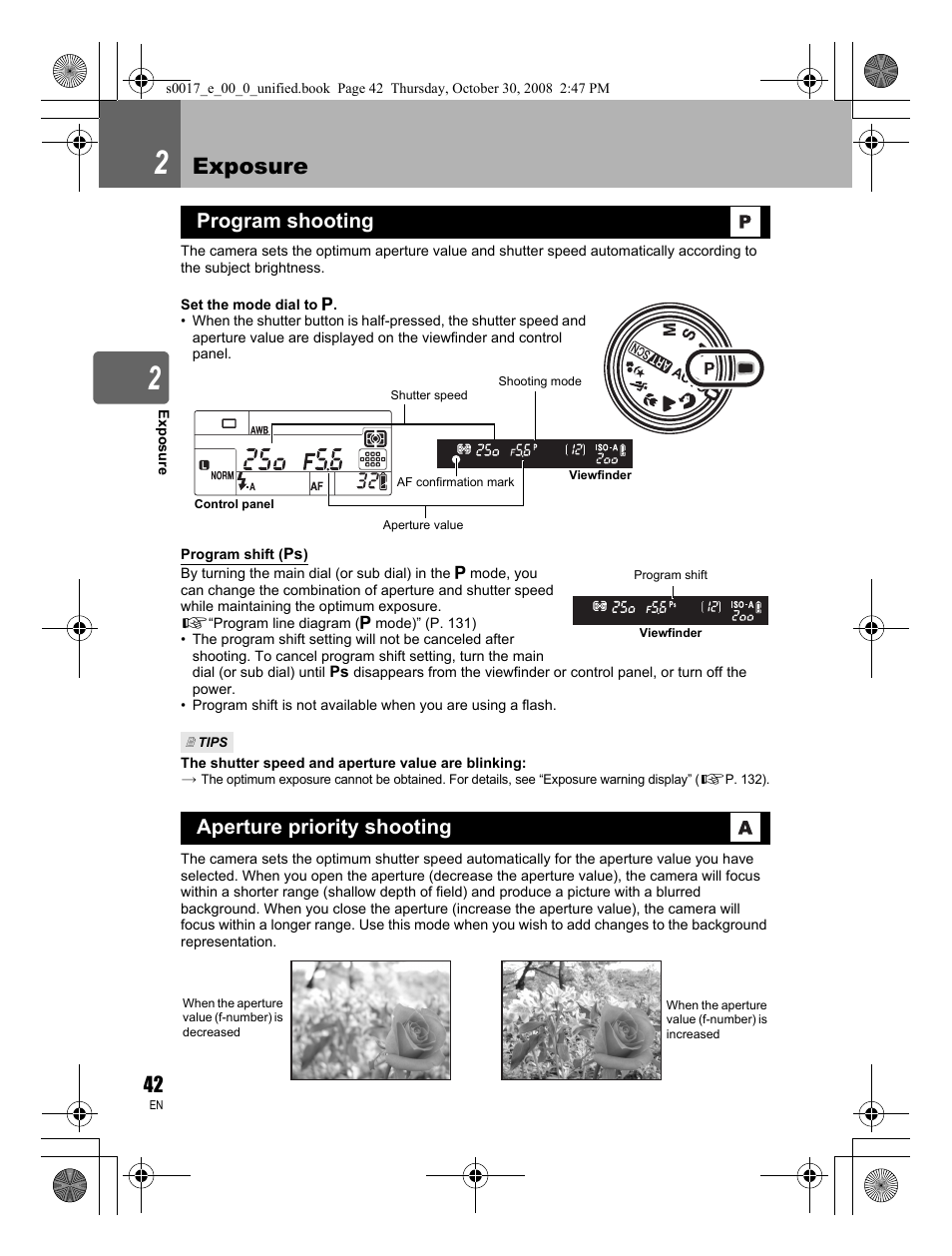 2 exposure, Program shooting, Aperture priority shooting | Exposure | Olympus E-30 User Manual | Page 42 / 156