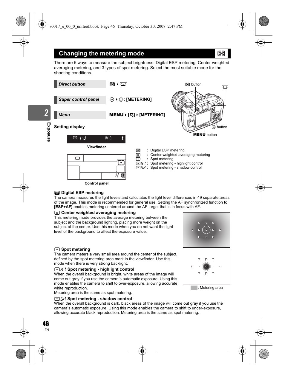 Changing the metering mode | Olympus E-30 User Manual | Page 46 / 156
