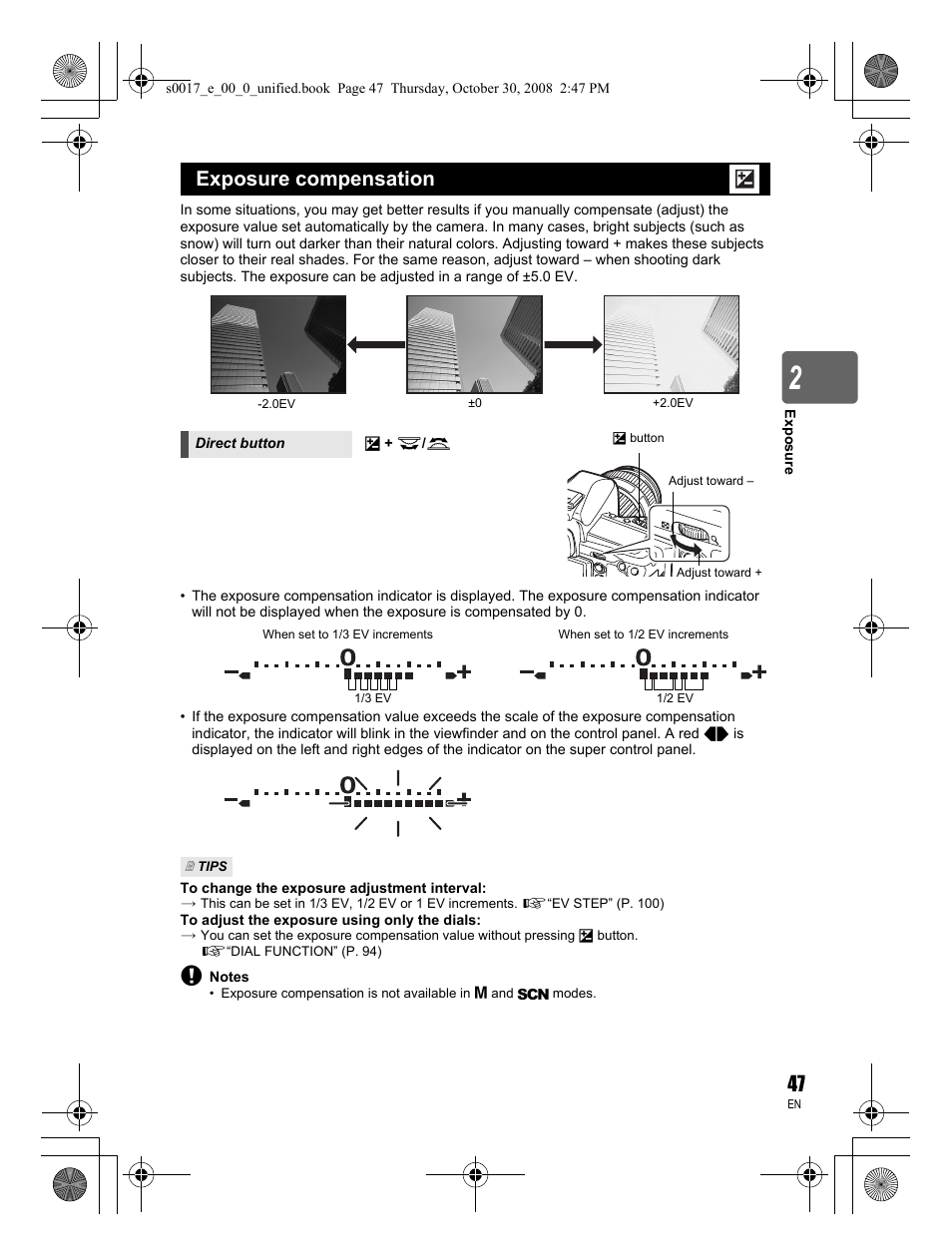 Exposure compensation | Olympus E-30 User Manual | Page 47 / 156