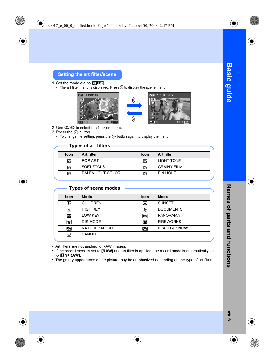 Basic guide, Names of parts and functions | Olympus E-30 User Manual | Page 5 / 156