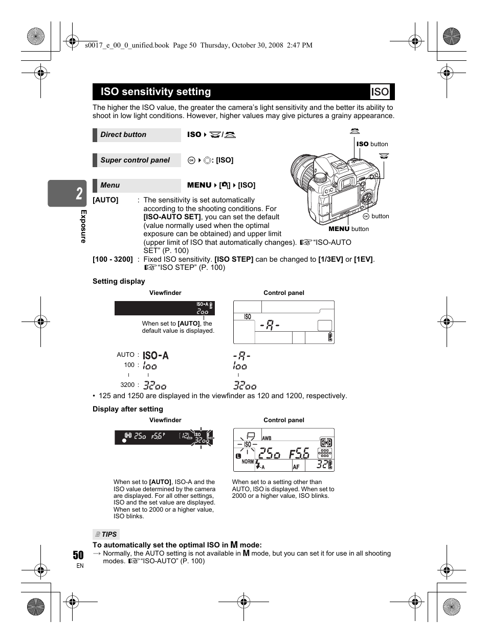Iso sensitivity setting | Olympus E-30 User Manual | Page 50 / 156