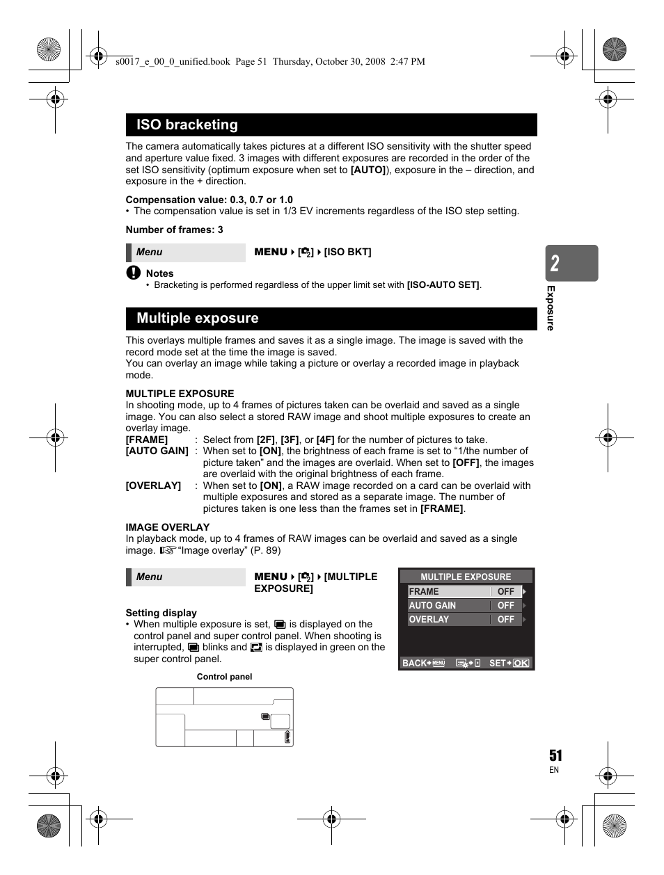 Iso bracketing, Multiple exposure | Olympus E-30 User Manual | Page 51 / 156