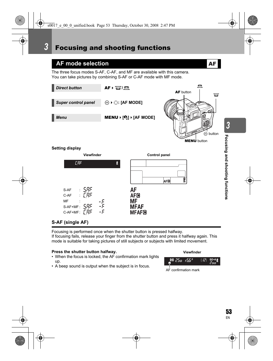 3 focusing and shooting functions, Af mode selection, S-af (single af) | Focusing and shooting functions | Olympus E-30 User Manual | Page 53 / 156