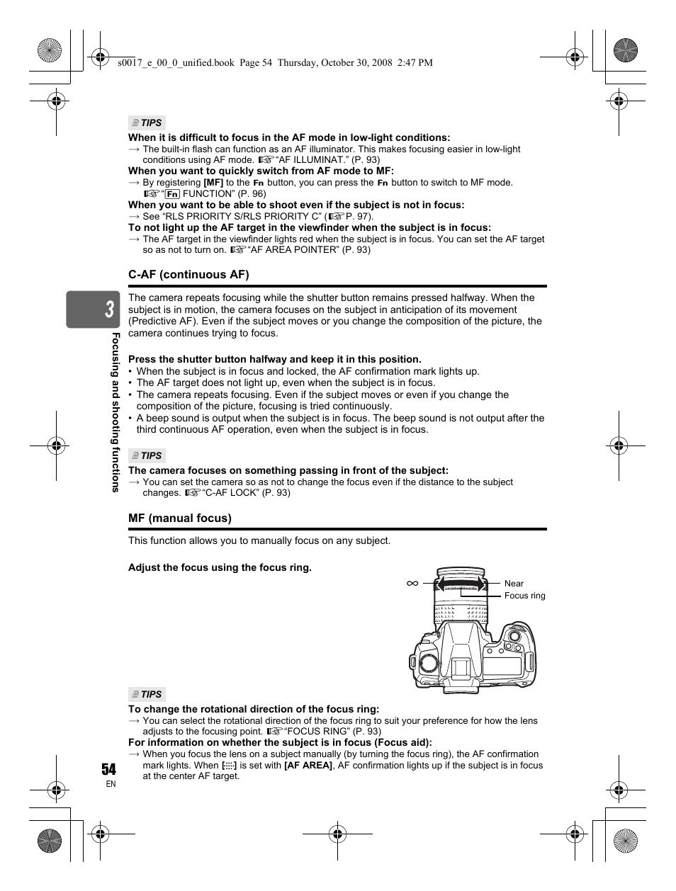 C-af (continuous af), Mf (manual focus) | Olympus E-30 User Manual | Page 54 / 156
