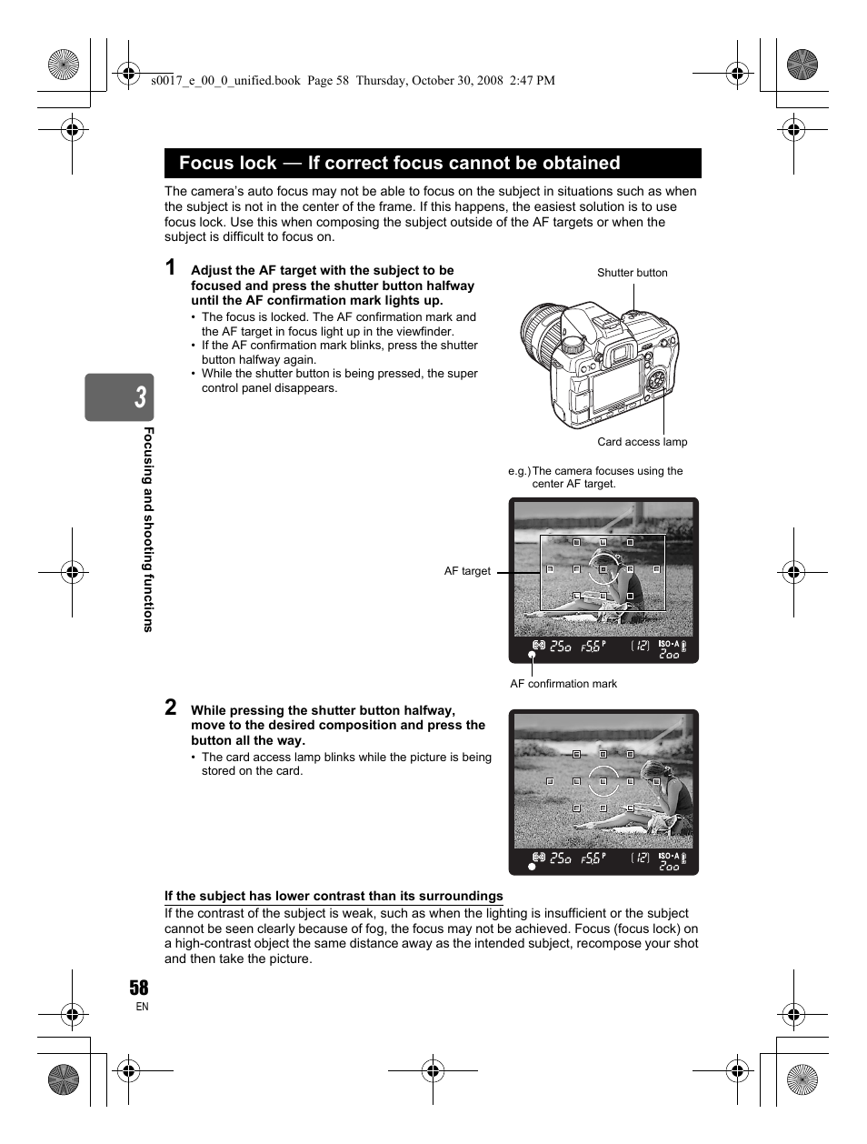 Focus lock k if correct focus cannot be obtained | Olympus E-30 User Manual | Page 58 / 156