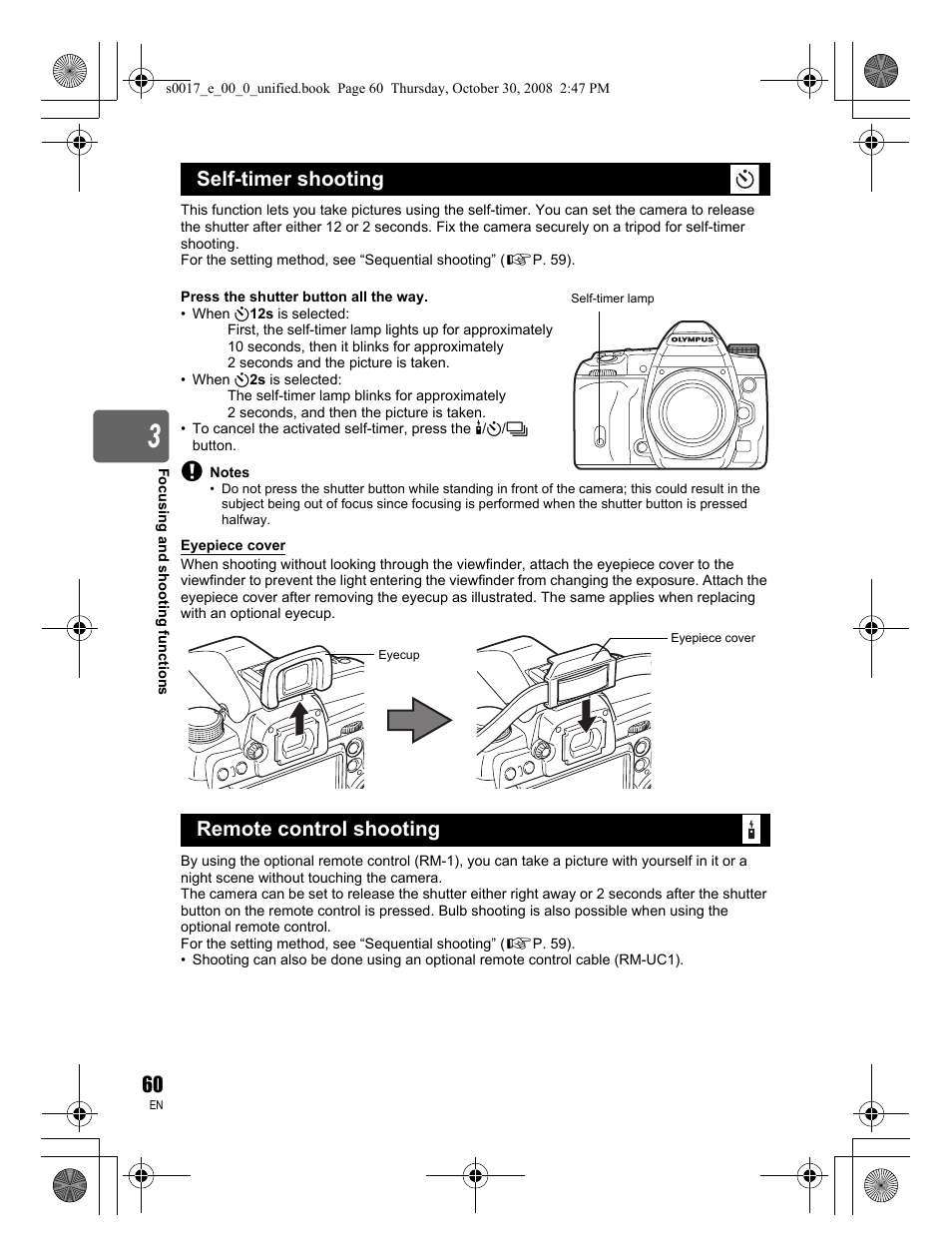 Self-timer shooting, Remote control shooting, Self-timer shooting remote control shooting | Olympus E-30 User Manual | Page 60 / 156