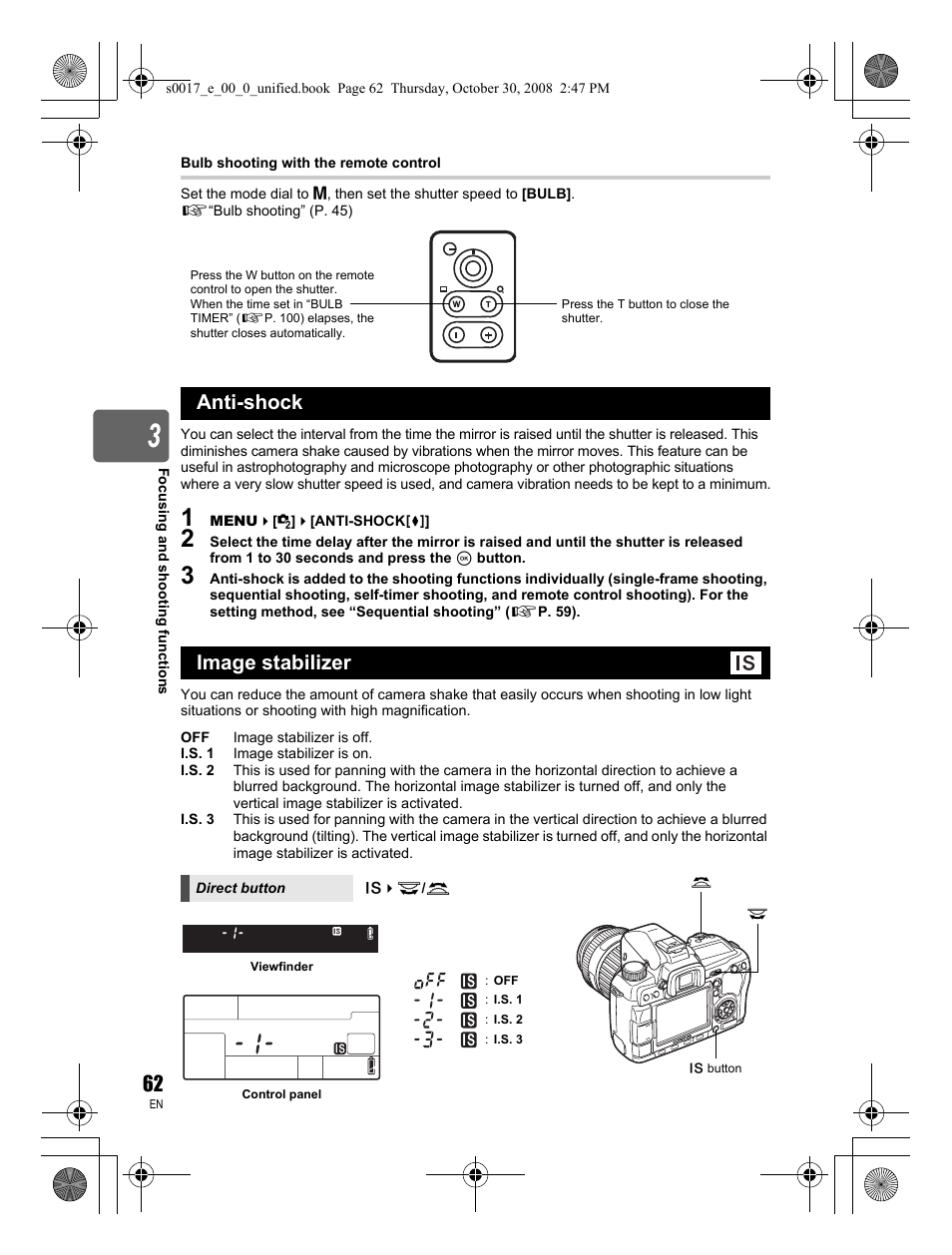 Anti-shock, Image stabilizer, Anti-shock image stabilizer | Olympus E-30 User Manual | Page 62 / 156