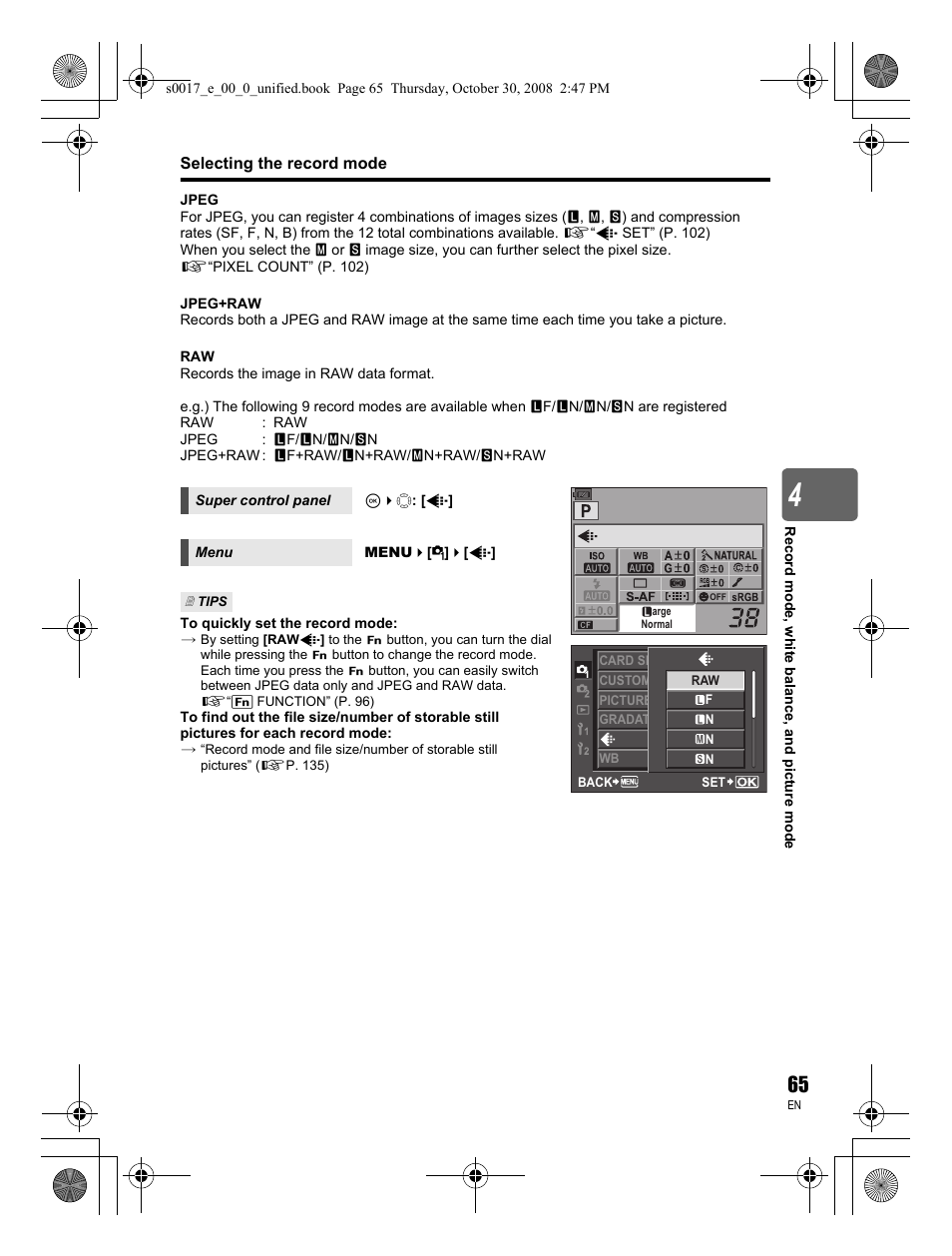 Selecting the record mode | Olympus E-30 User Manual | Page 65 / 156