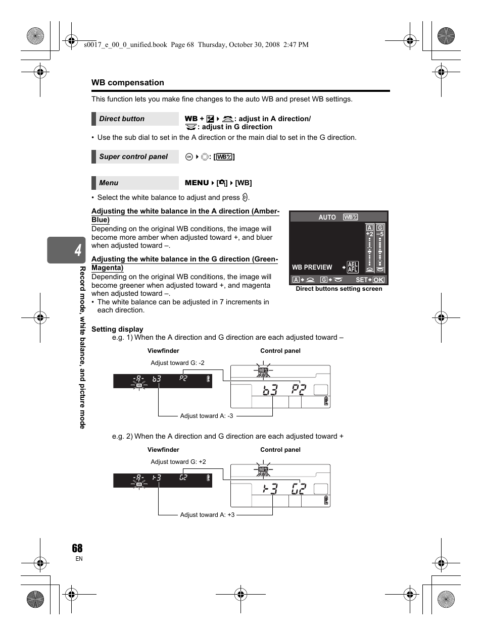 Wb compensation | Olympus E-30 User Manual | Page 68 / 156