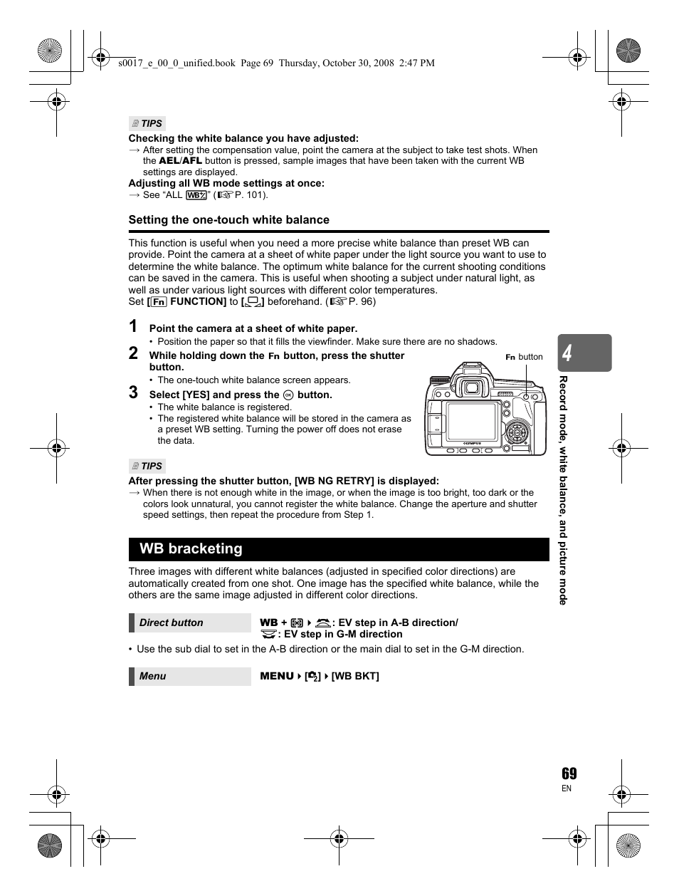 Setting the one-touch white balance, Wb bracketing | Olympus E-30 User Manual | Page 69 / 156