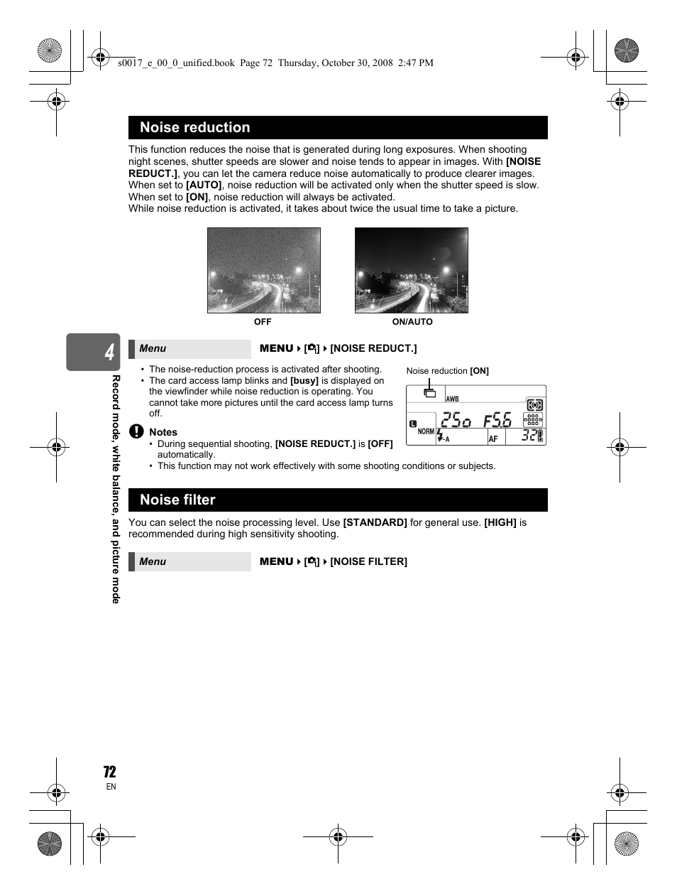 Noise reduction, Noise filter | Olympus E-30 User Manual | Page 72 / 156