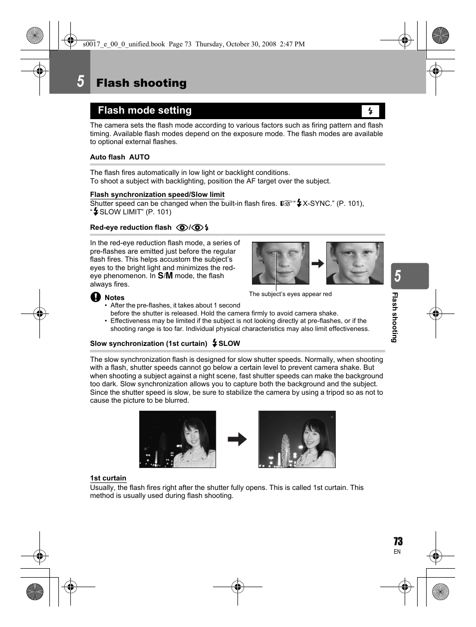 5 flash shooting, Flash mode setting, Flash shooting | Olympus E-30 User Manual | Page 73 / 156