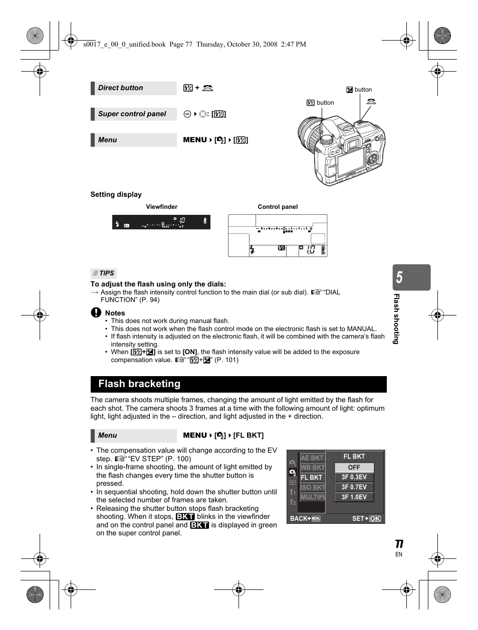 Flash bracketing | Olympus E-30 User Manual | Page 77 / 156