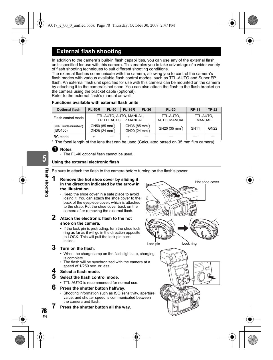 External flash shooting | Olympus E-30 User Manual | Page 78 / 156