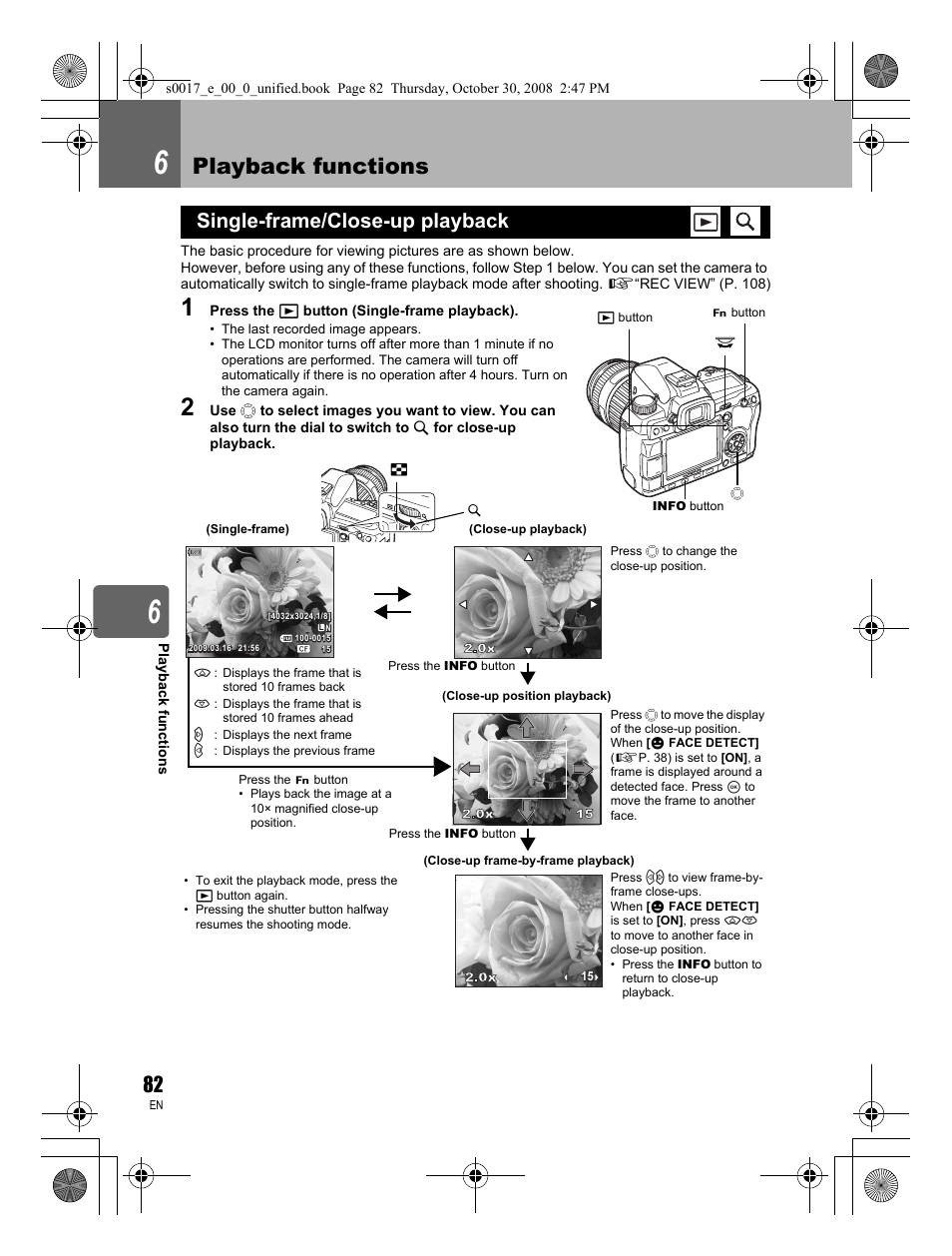 6 playback functions, Single-frame/close-up playback, Playback functions | Olympus E-30 User Manual | Page 82 / 156