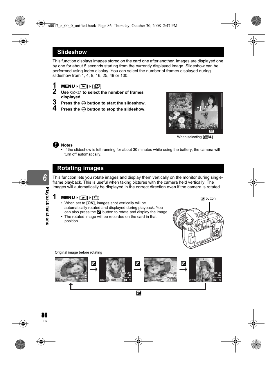 Slideshow, Rotating images, Slideshow rotating images | Olympus E-30 User Manual | Page 86 / 156