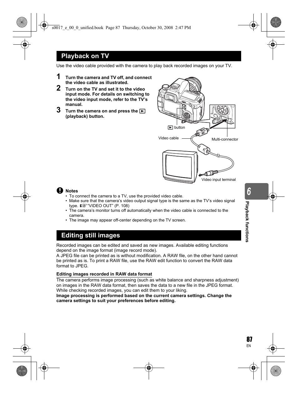 Playback on tv, Editing still images, Playback on tv editing still images | Olympus E-30 User Manual | Page 87 / 156