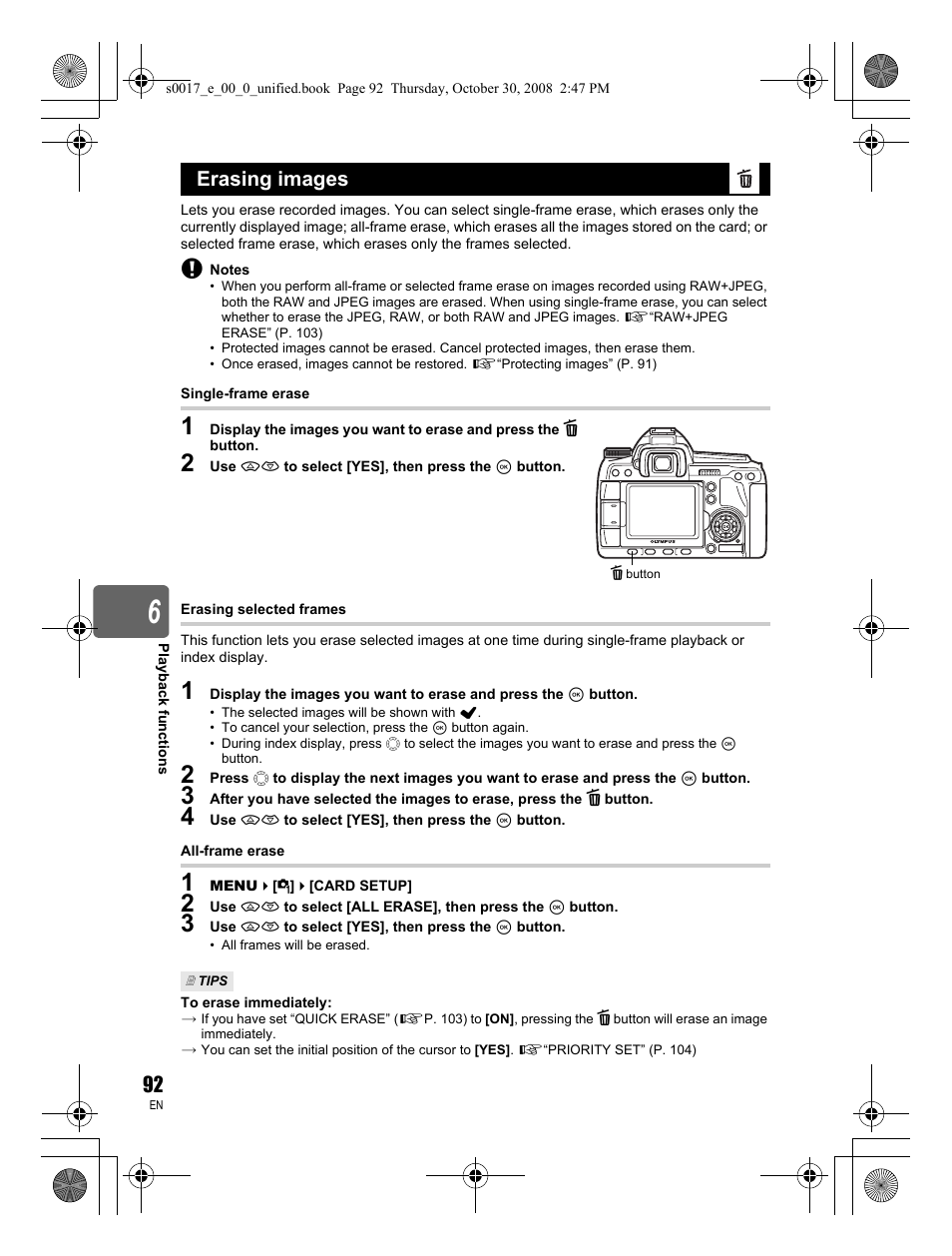 Erasing images | Olympus E-30 User Manual | Page 92 / 156