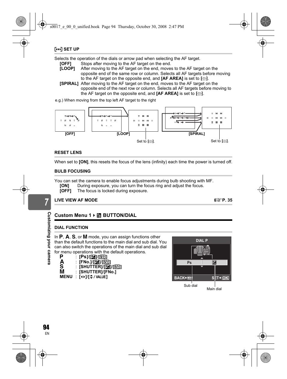 Af set up, Reset lens, Bulb focusing | Live view af mode, Button/dial, Dial function | Olympus E-30 User Manual | Page 94 / 156