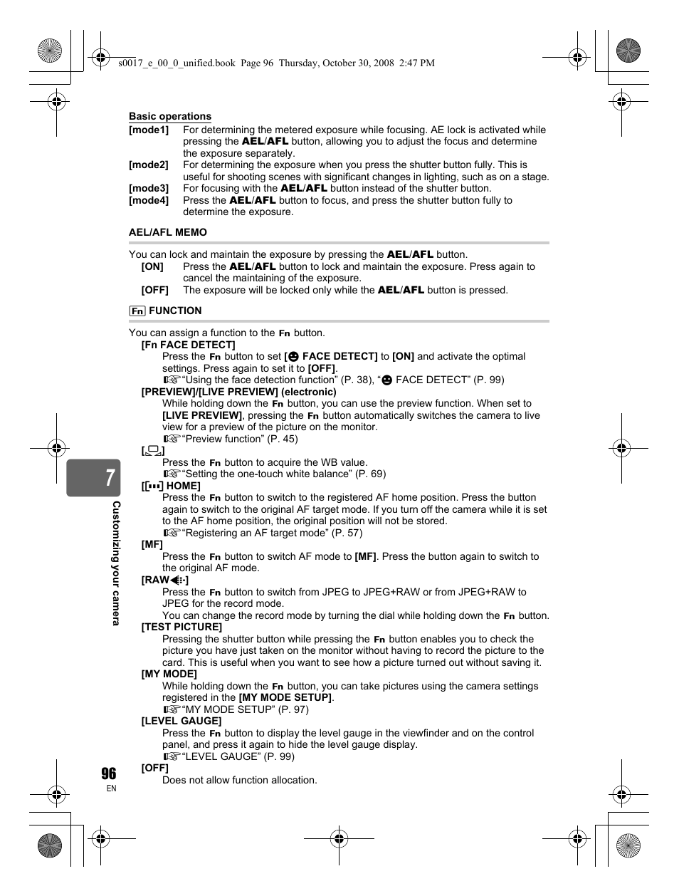 Ael/afl memo, Function | Olympus E-30 User Manual | Page 96 / 156