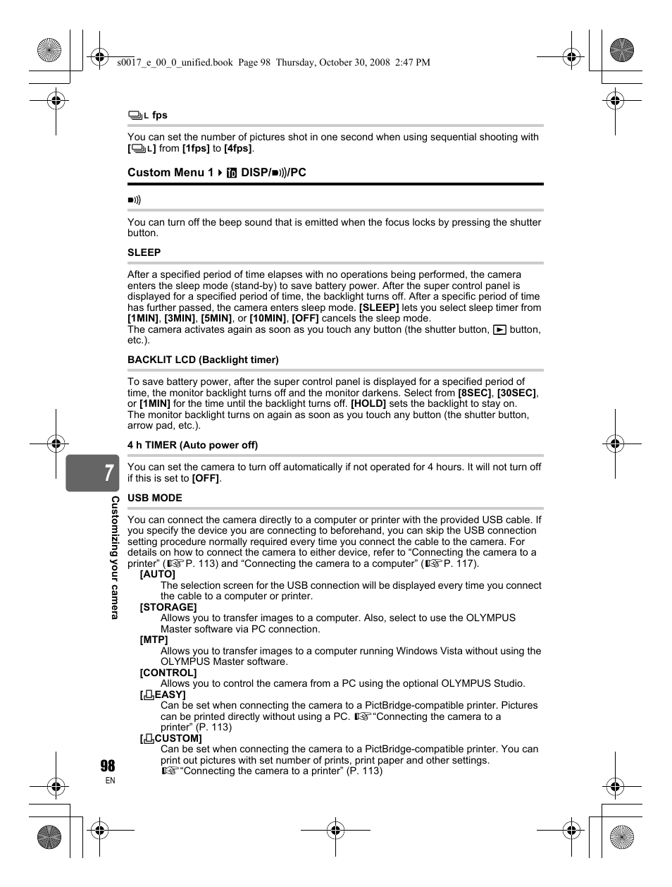 Disp/sound/pc, Sound, Sleep | Backlit lcd (backlight timer), 4 h timer (auto power off), Usb mode | Olympus E-30 User Manual | Page 98 / 156