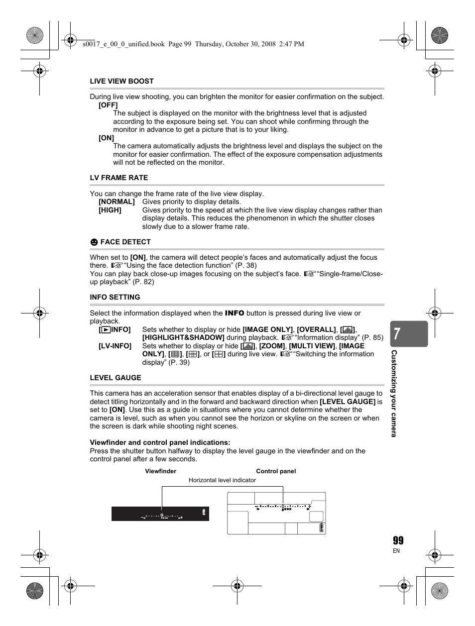 Live view boost, Lv frame rate, Face detect | Info setting, Level gauge | Olympus E-30 User Manual | Page 99 / 156
