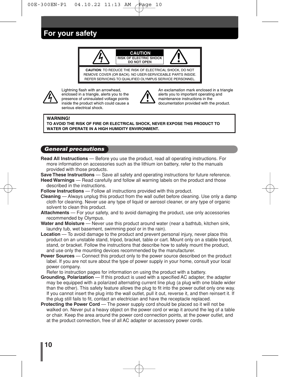For your safety | Olympus EVOLT E-300 User Manual | Page 10 / 212
