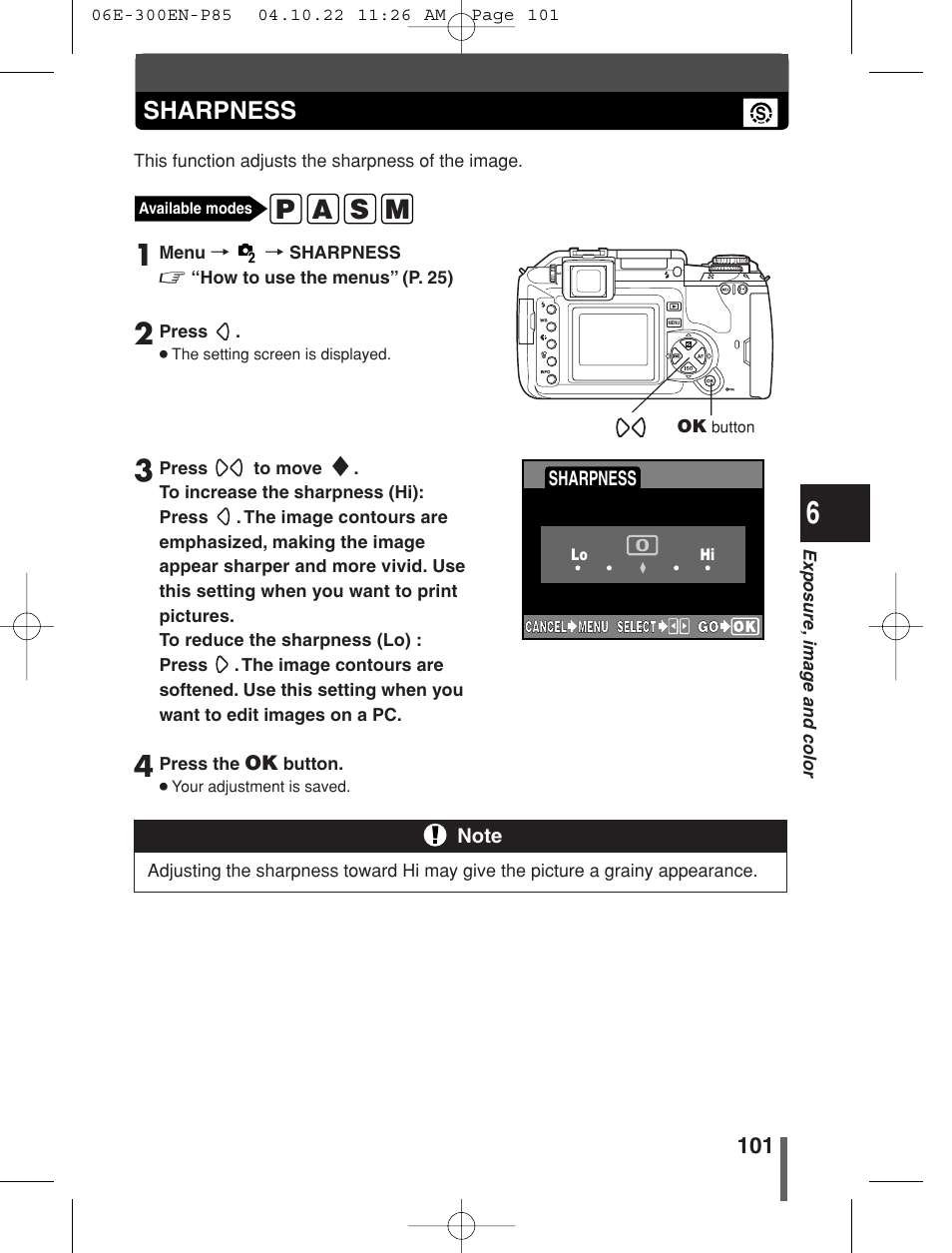 P a s m, Sharpness | Olympus EVOLT E-300 User Manual | Page 101 / 212