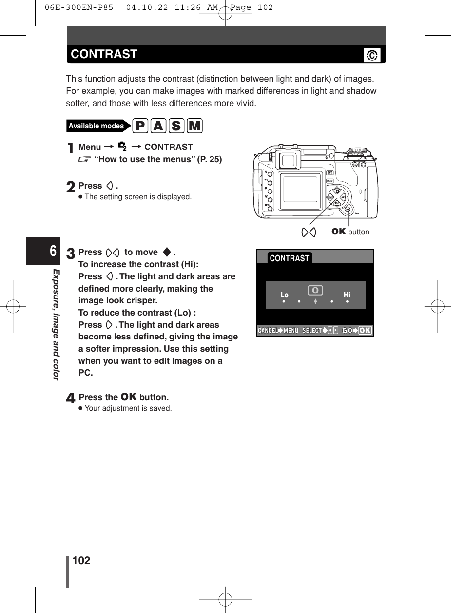P a s m, Contrast | Olympus EVOLT E-300 User Manual | Page 102 / 212