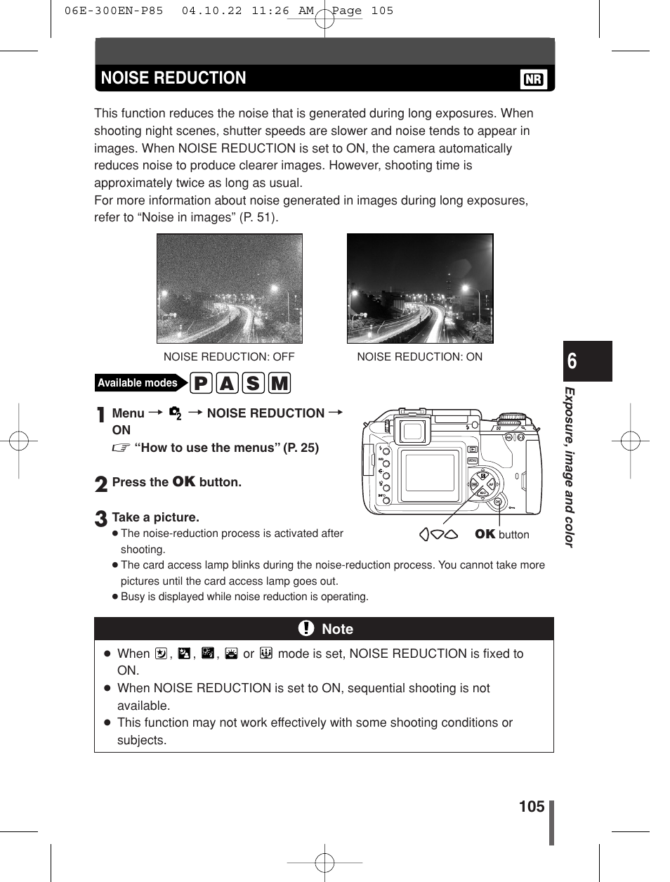 P a s m, Noise reduction | Olympus EVOLT E-300 User Manual | Page 105 / 212