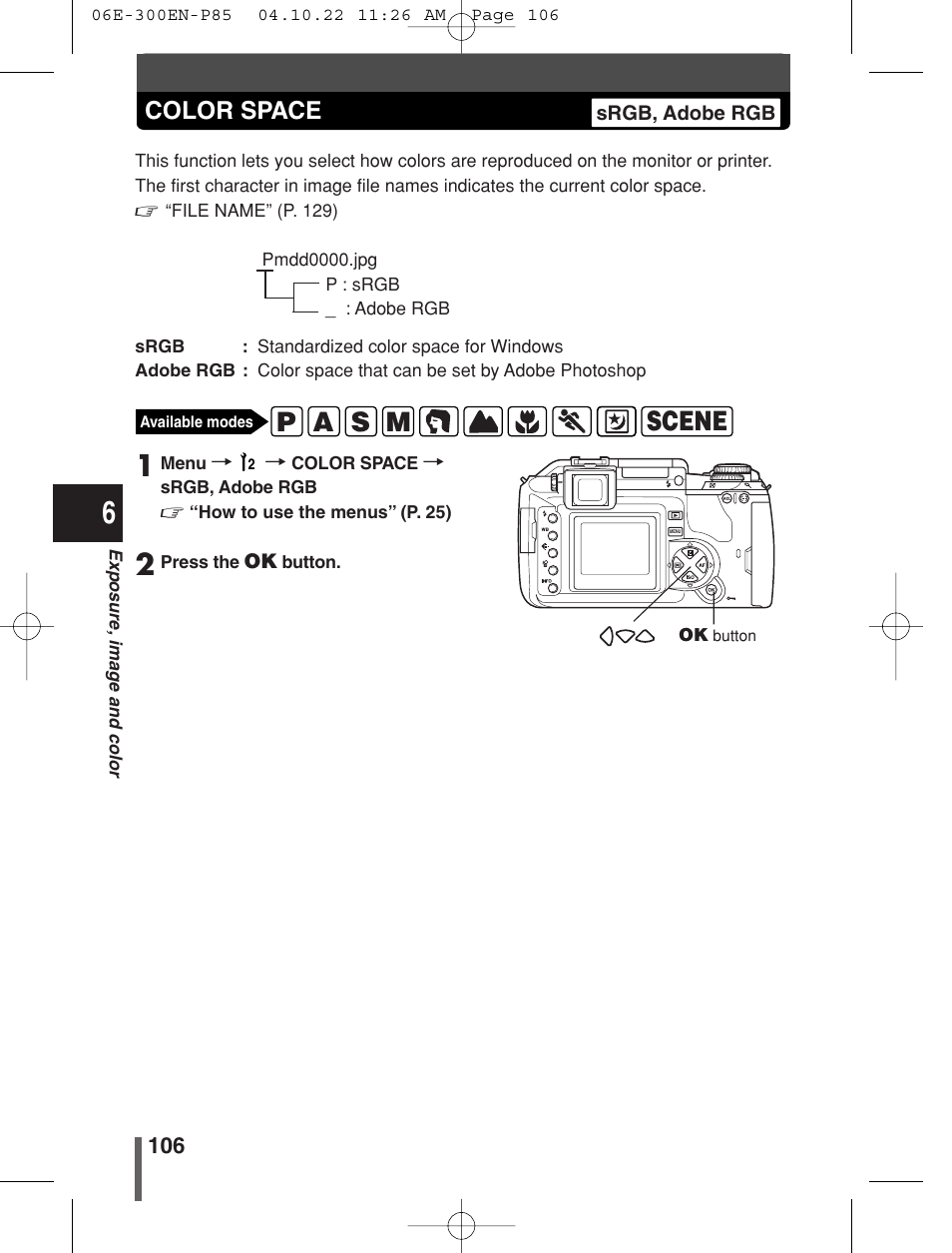 Color space | Olympus EVOLT E-300 User Manual | Page 106 / 212