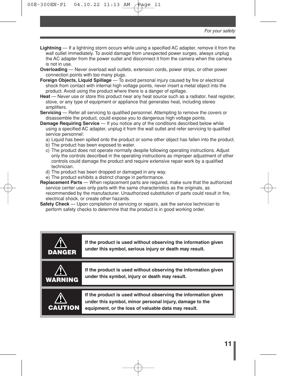 Danger, Warning, Caution | Olympus EVOLT E-300 User Manual | Page 11 / 212