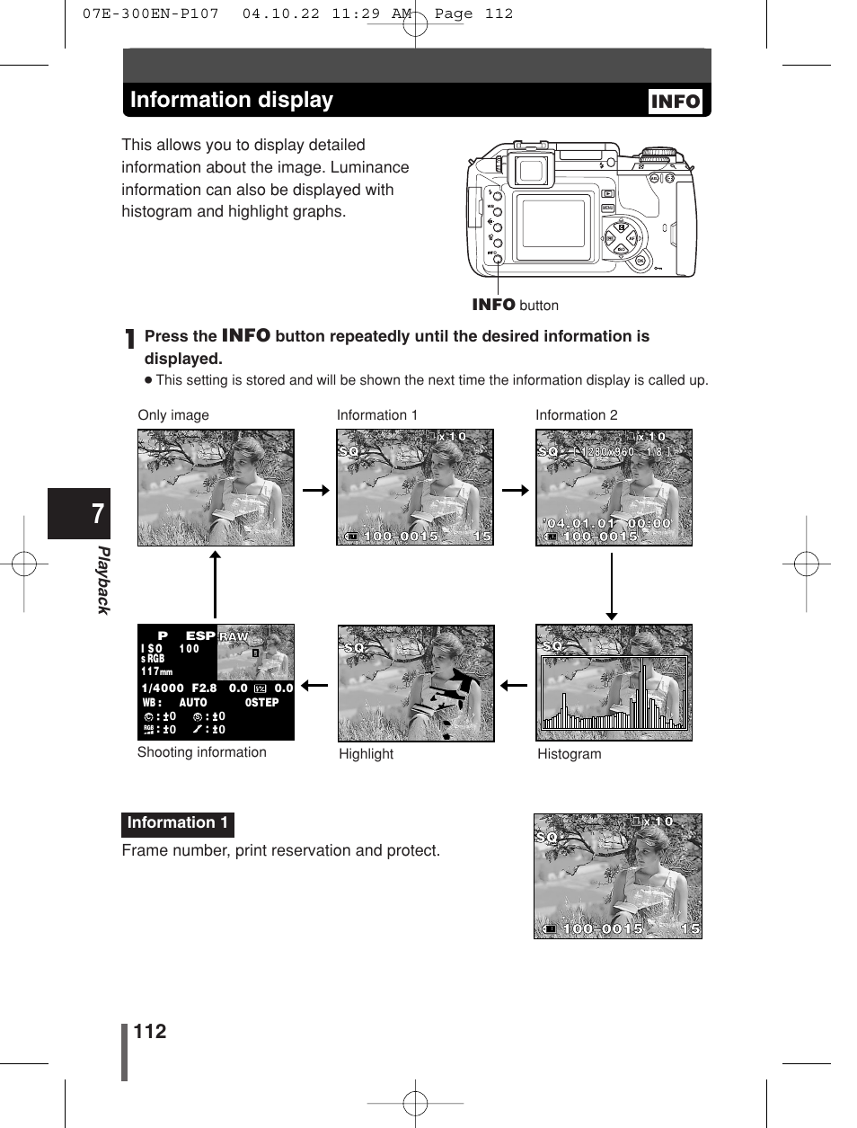 Information display, Info | Olympus EVOLT E-300 User Manual | Page 112 / 212