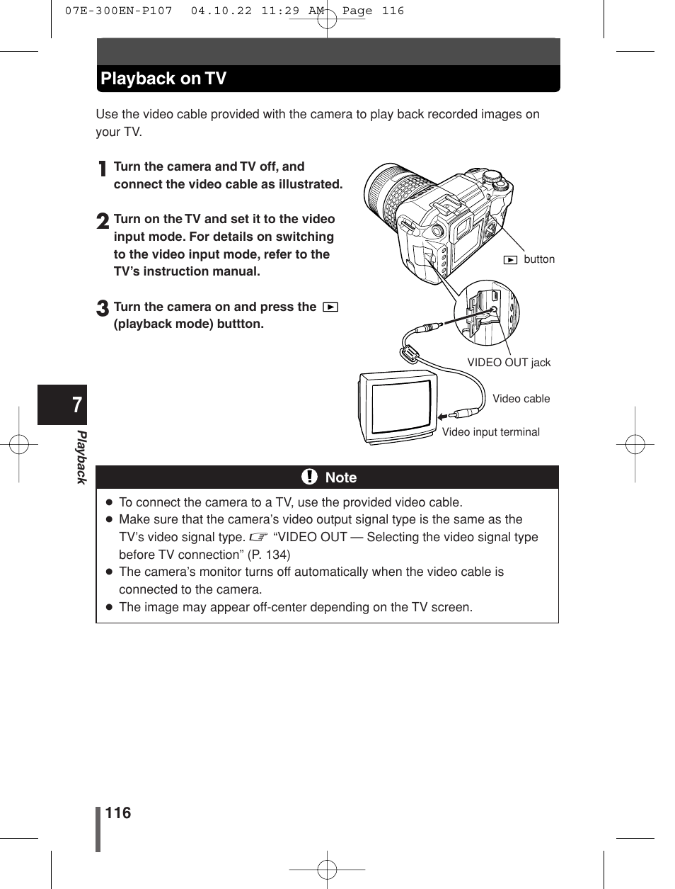 Playback on tv | Olympus EVOLT E-300 User Manual | Page 116 / 212