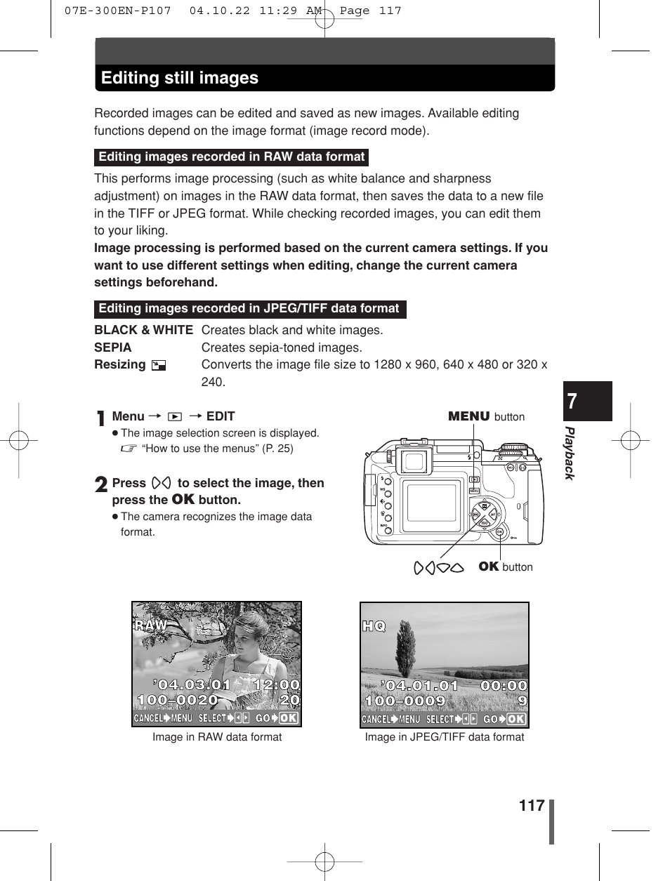 Editing still images | Olympus EVOLT E-300 User Manual | Page 117 / 212