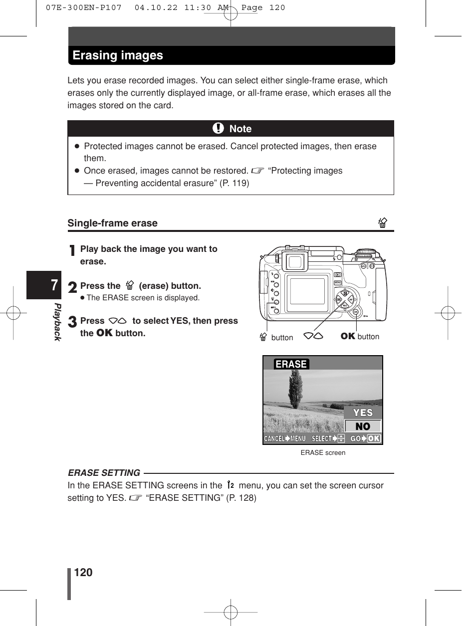 Erasing images | Olympus EVOLT E-300 User Manual | Page 120 / 212