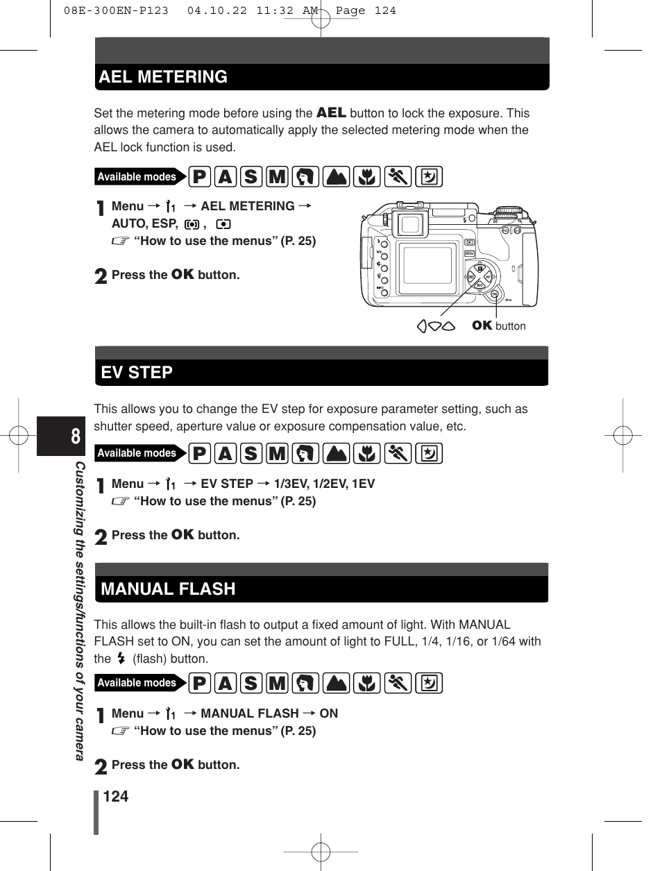 P a s m, Ael metering, Ev step | Manual flash | Olympus EVOLT E-300 User Manual | Page 124 / 212