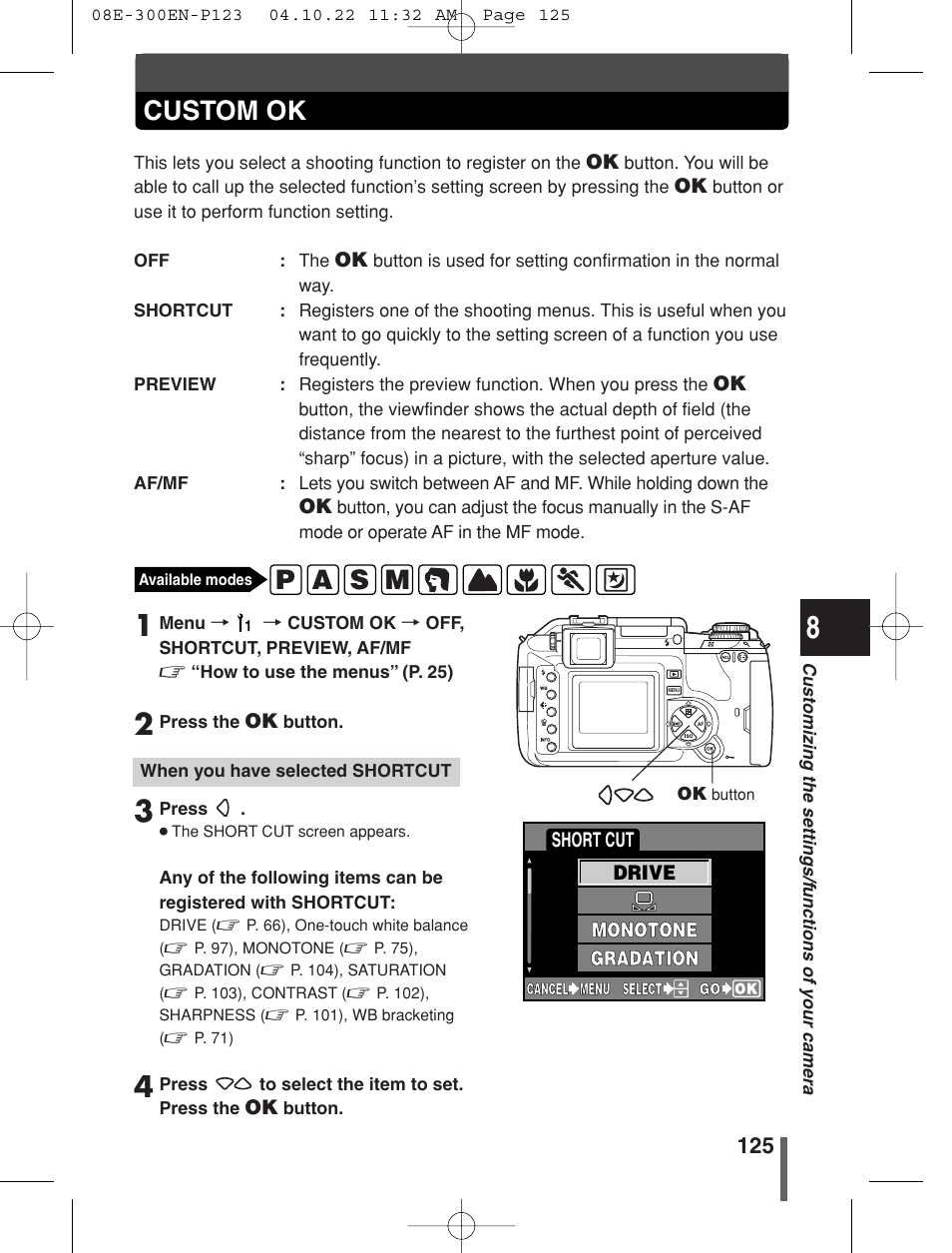 Custom ok, P a s m | Olympus EVOLT E-300 User Manual | Page 125 / 212